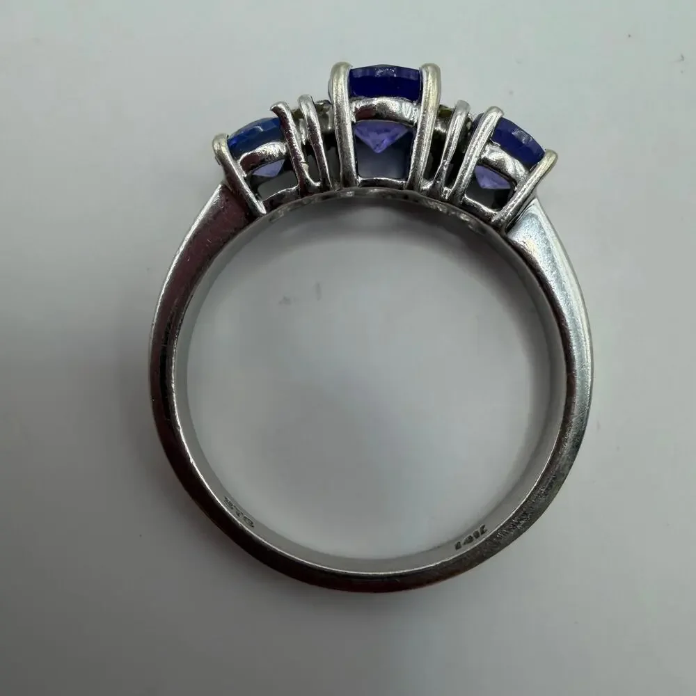 14K White Gold Tanzanite & Diamond Accent 3-Stone STS Past Present Ring Size 7